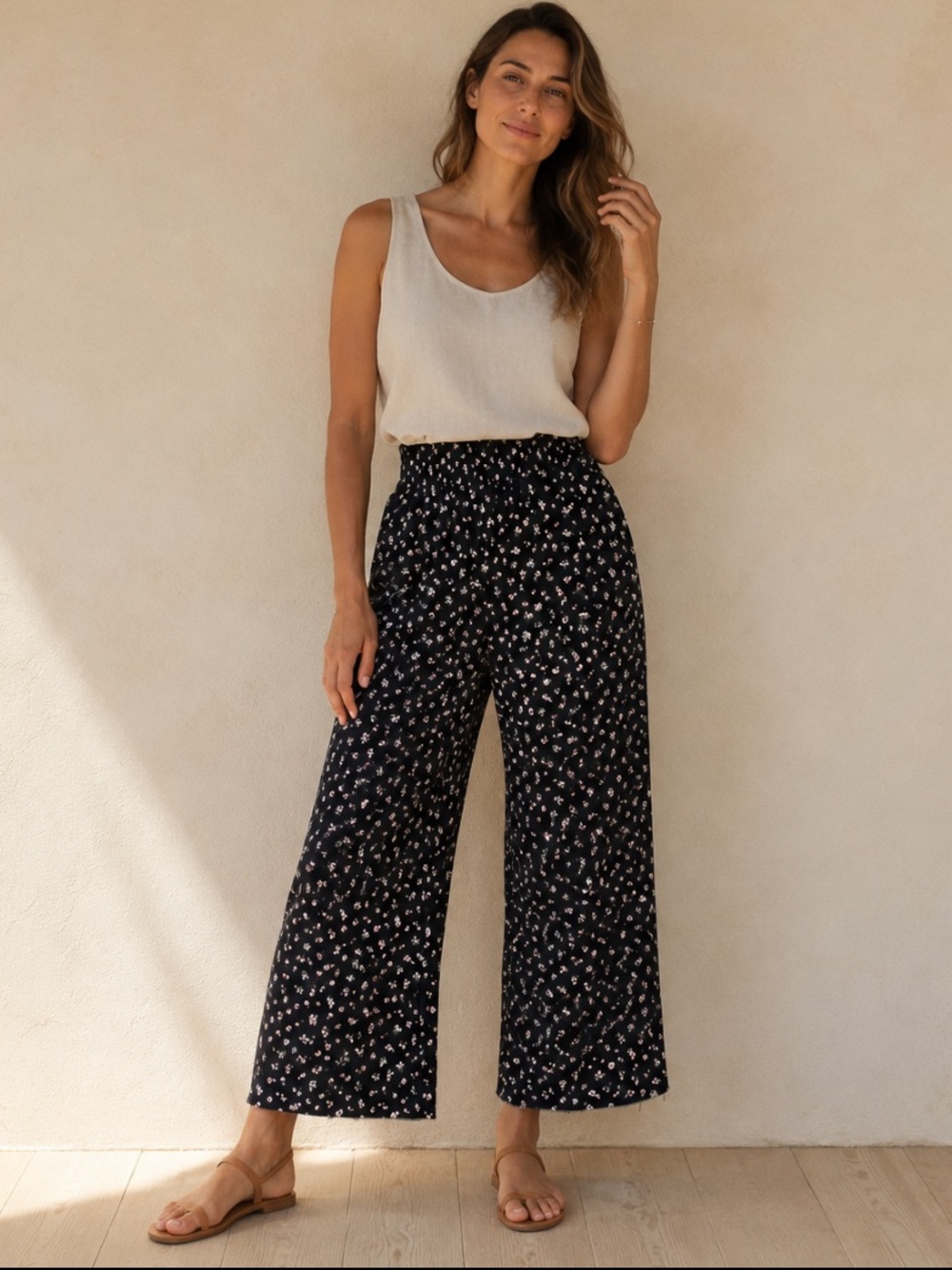 Jackson Rowe Jasmine Pants M Black Floral Ribbed High Rise Wide Leg Boho